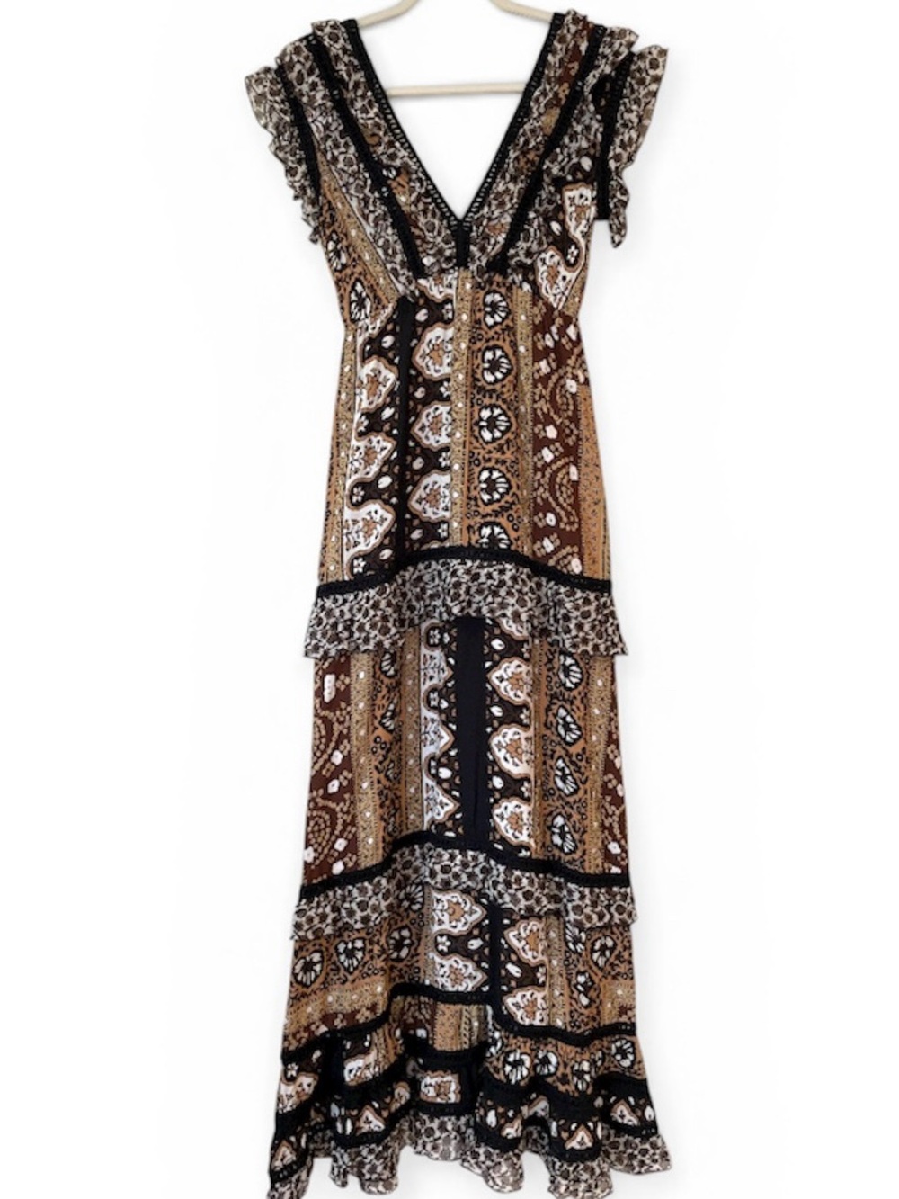 Raffaela D’Angelo Italian Long Maxi Dress Tiered Boho Coastal Beach Brown Small